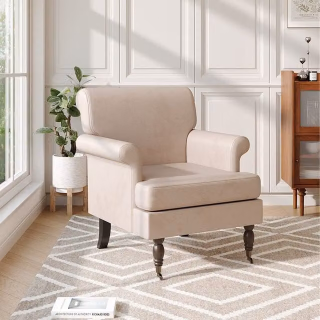 Komore Beige Velvet Tub Armchair with Solid Wood Frame