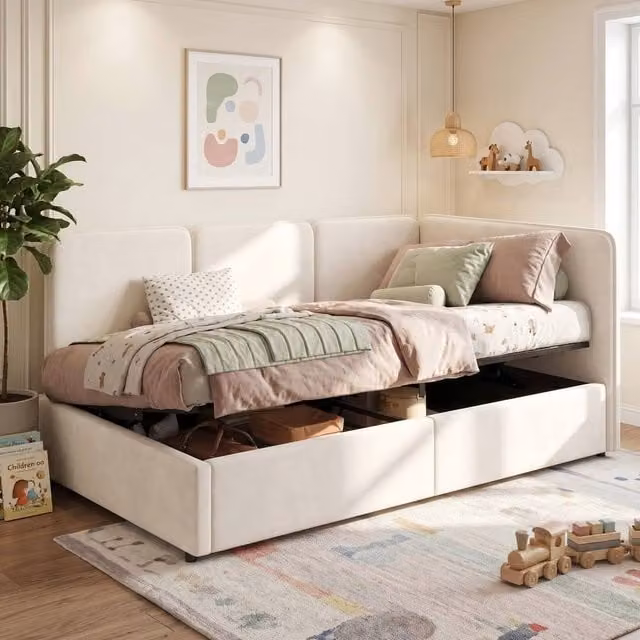 BTM Single Ottoman Daybed with Lift Up Storage, Beige Velvet Upholstered Chaise Bed Frame, W/D/H: 190 x 90 x 76.5 cm