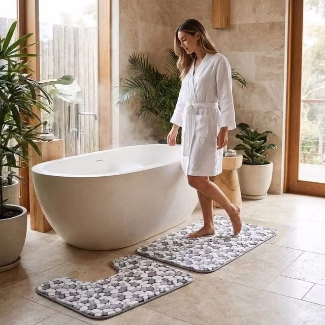 FLAVORA 2-Piece Pebble Stone Memory Foam Bath Mat and WC Pedestal Mat Set in Grey, W/D/H: 180 x 80 x 80 cm