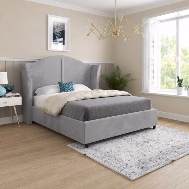 Casani Tirley Curved Winged Upholstered Designer Bed Frame in Grey Soft Velvet, Small Single