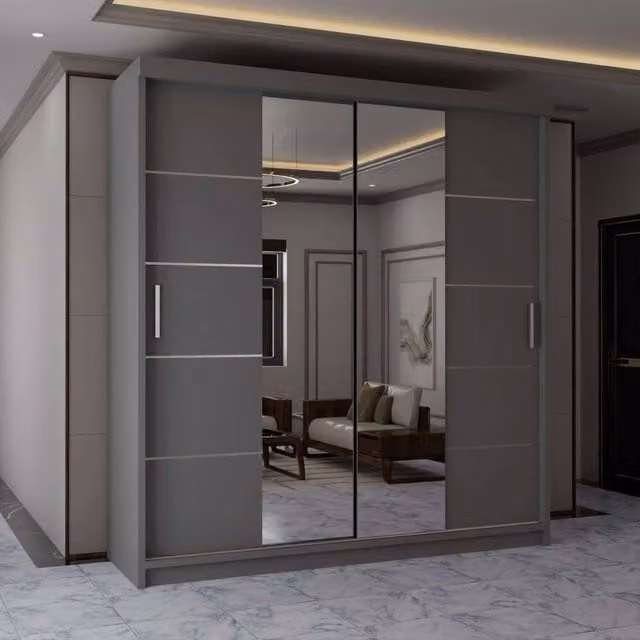 MN Furniture Modern Grey Sliding Mirror Wardrobe with Integrated LED Lighting, W: 150 cm, H: 217 cm