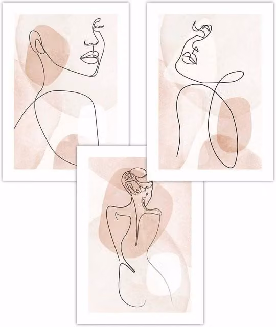 ARTZE Set of 3 Pink Abstract Line Art Female Portrait Paper Posters, W: 50 cm, H: 70 cm