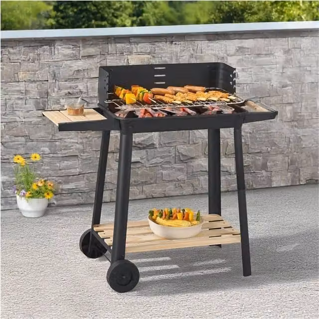Marco Paul Garden Charcoal BBQ Grill with Wooden Shelf and Wheels in Black