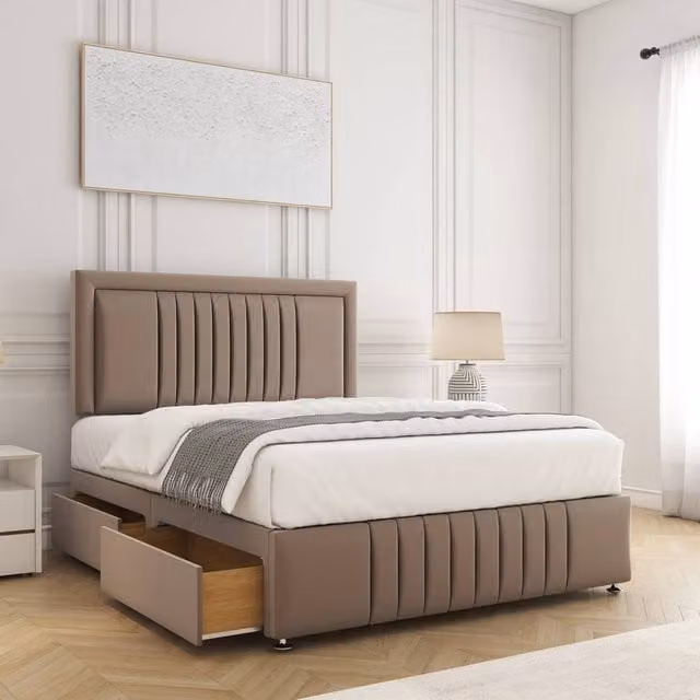 BSSPOKE Lily Divan Bed with 24 inch Headboard, 2 Drawers, Footend and Mattress in Bronze Plush Velvet, Small Double, W/D/H: 120 x 200 cm