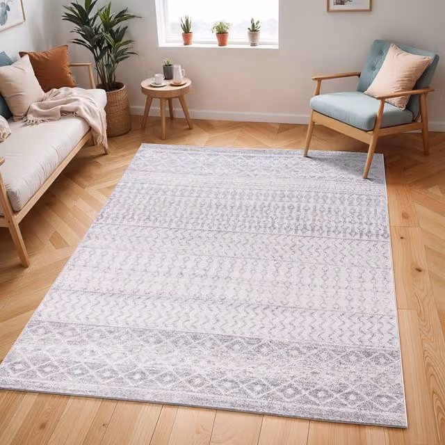 Livabliss Elaziz Geometric Square Rug in Grey, White and Beige, W x W: 180 x 180 cm