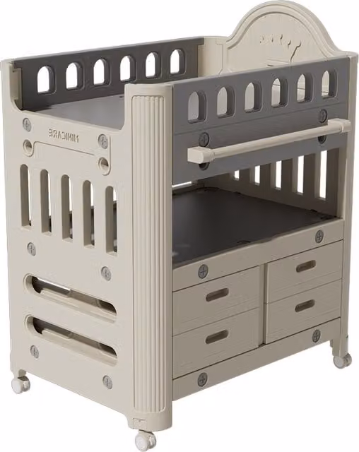 Kidkid Mobile Baby Changing Table in Beige and Grey with Safety Rail and Lockable Castors