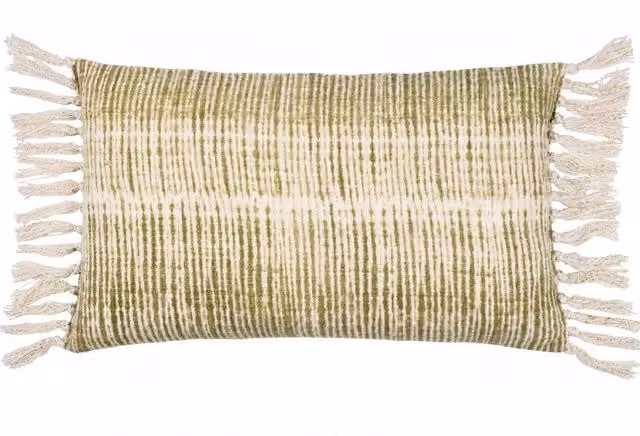 Sono Ink Abstract Fringed Rectangular Cushion in Green with Polyester and Feather Filling