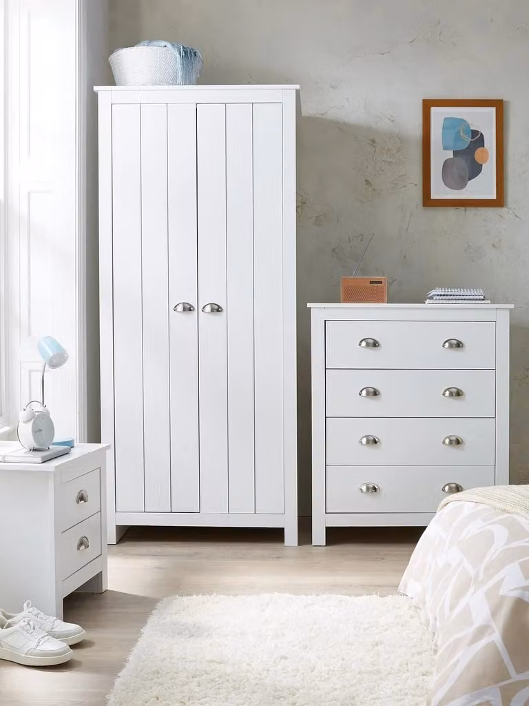 Atlanta 3 Piece White Engineered Wood Bedroom Set for Children including 2 Door Wardrobe, Chest of Drawers and Nightstand