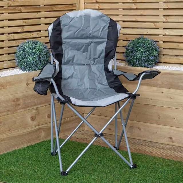 Samuel Alexander Grey Padded High Back Folding Outdoor Camping and Fishing Chair with Armrests