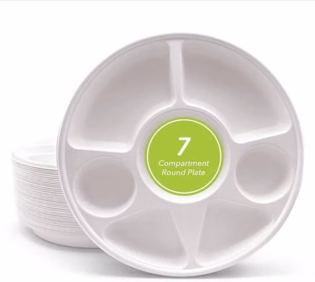 ECONX 200 Pack White Heavy Duty Disposable 7 Compartment Round Bagasse Dinner Plates
