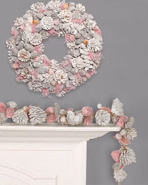 Dibor Amelia Silver and Pink Pinecone Christmas Door Hanging with 1.2m Garland, Height: 39 cm