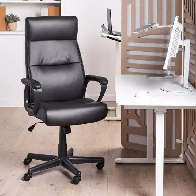 Wyld and Coco Executive Swivel Office Chair in Black Faux Leather with Headrest and Armrests