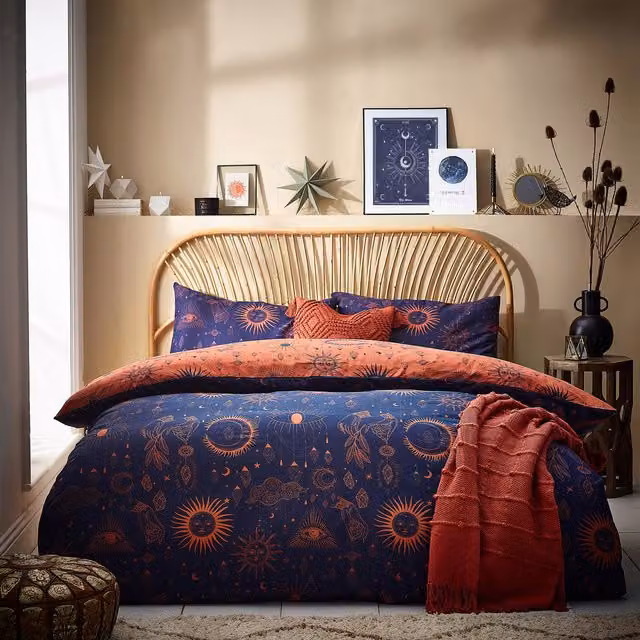 Make it a Home Constellation Celestial Reversible Duvet Cover Set in Bronze, Blue and Orange, W: 180 cm, H: 200 cm