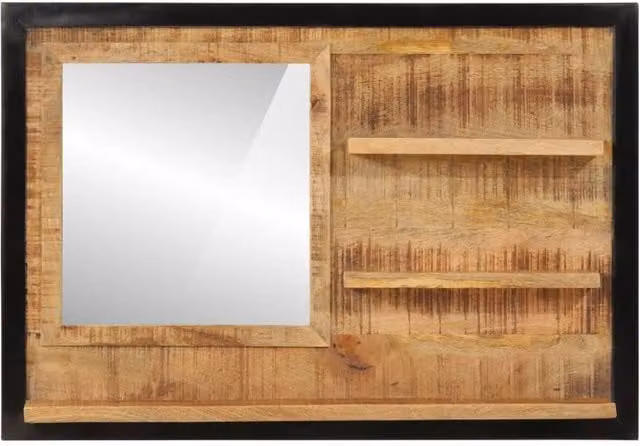 Berkfield Home Wall Mirror with Shelves in Brown Solid Wood and Glass, W: 80 cm, D: 8 cm, H: 55 cm