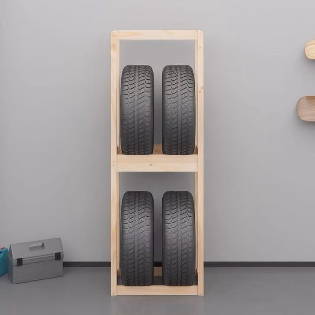 Berkfield Home Freestanding Solid Pine Tire Rack in Beige, W/D/H: 40 x 40 x 180 cm