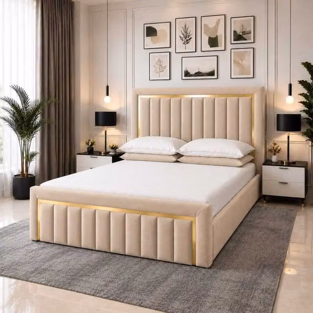 K Mehmood Enterprise Ltd Gold Striped Upholstered Ottoman Bed Frame in Beige