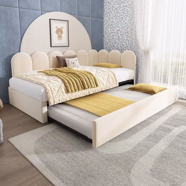 Aosom UK Upholstered Daybed with Pull-Out Trundle in Beige, W/D/H: 193 x 97 x 76 cm