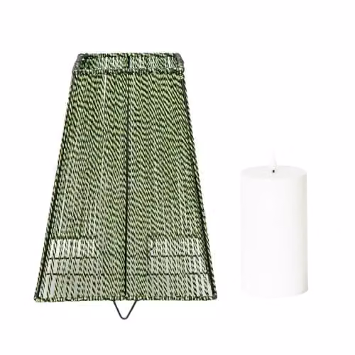 ValueLights Green and Black Metal Battery Operated Outdoor Geometric Pillar Candle Lantern, H 33.5 x W 25.0 x D 25.0 cm