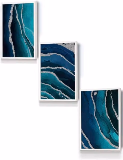 ARTZE Abstract Teal Blue and Silver Strokes Framed Wall Art in White, W: 33 cm, H: 45 cm, D: 2 cm