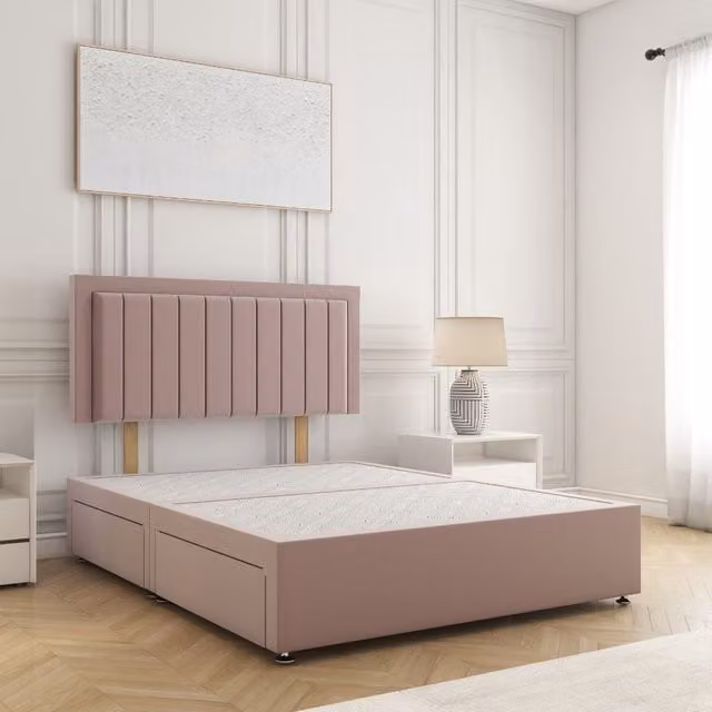 BSSPOKE Zarah Single Divan Bed Frame in Pink Plush Velvet with 2 Drawers and Headboard (W/D/H: 90 x 190 cm)