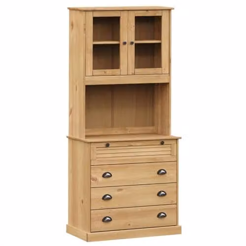 vidaXL VIGO Rustic Brown Solid Pine Wood Highboard with Glass Doors, W/D/H: 80 x 40 x 176 cm