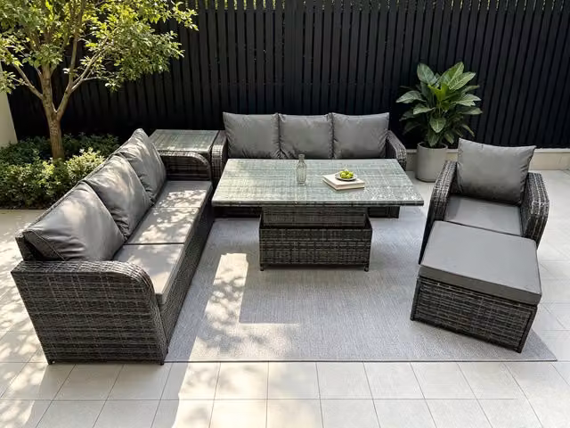Fimous Rattan Garden Dining Set with Reclining Sofa, Side Table and Footstool in Dark Grey