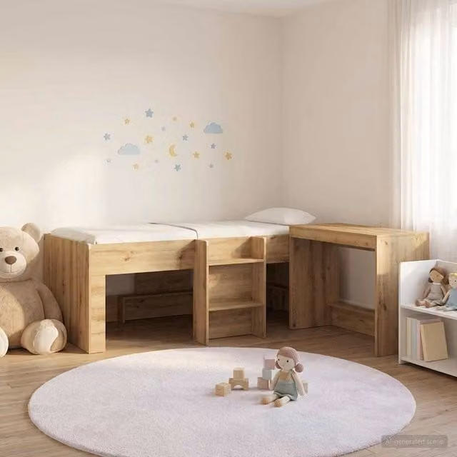 Berkfield Home Kids High Bed Frame with Desk, 2 Piece Set in Artisan Oak Brown