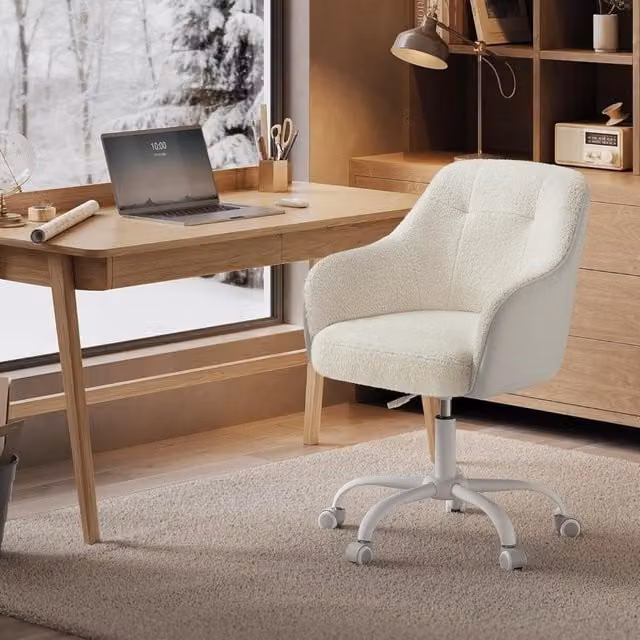 The Bazaarist Ergonomic Adjustable Office Chair in Beige Bouclé Fabric with Armrests and 360 Degree Swivel, W/D/H: 64 x 64 x 110 cm