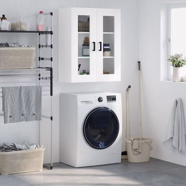 Berkfield Home Wall Mounted Cabinet in White with Glass Doors, W/D/H: 69.5 x 34 x 90 cm
