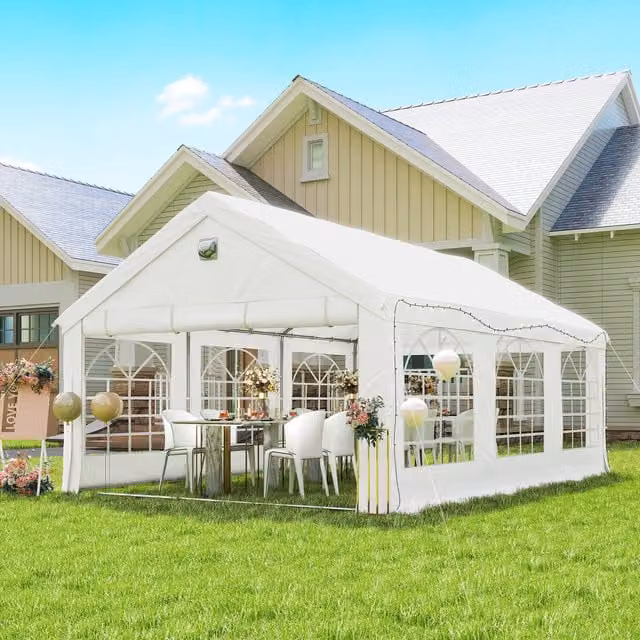 Outsunny White Party Tent with Windows and Gable Roof, W: 6 m, D: 4 m