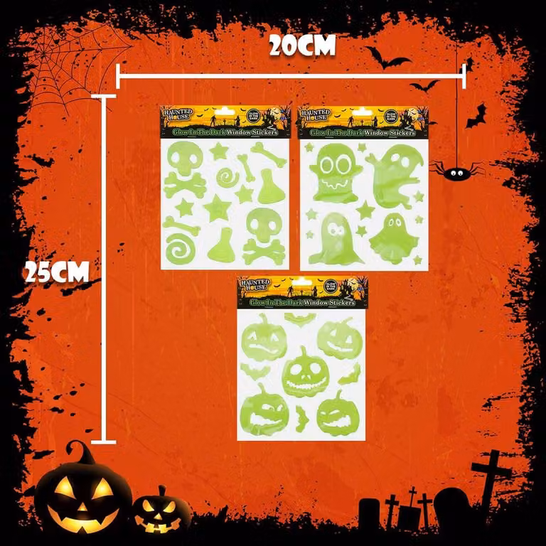 VFM e-Store Halloween Glow in the Dark Gel Stickers, 3 Pack of Ghosts, Bones and Pumpkins in Green