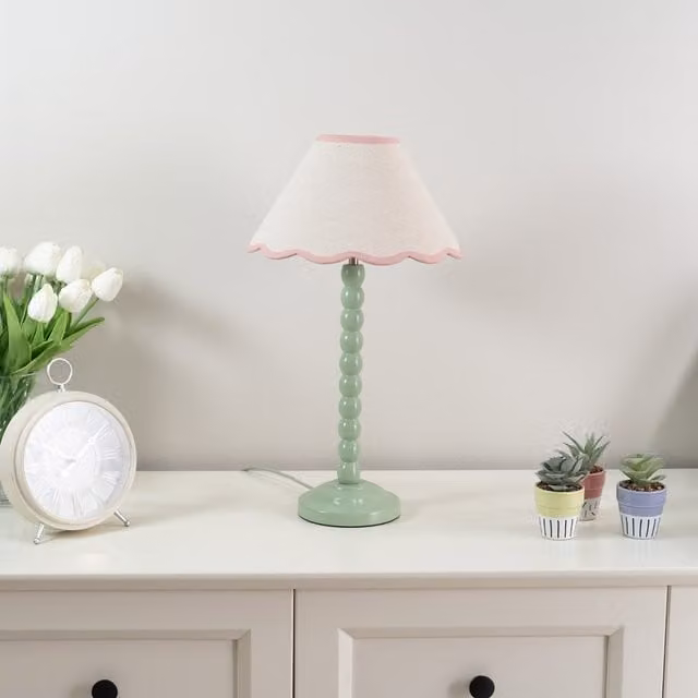 Bobbins Sage Green Table Lamp with Pink Tapered Natural Linen Scallop Shade and Bulb