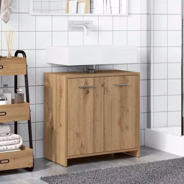 Berkfield Home Artisan Oak Bathroom Sink Cabinet in Brown, W/D/H: 60 x 33 x 60 cm