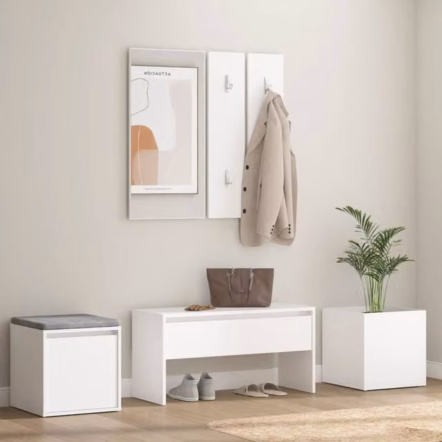 Berkfield Home White MDF Hallway Furniture Set with Bench, Mirror and Wall Rack