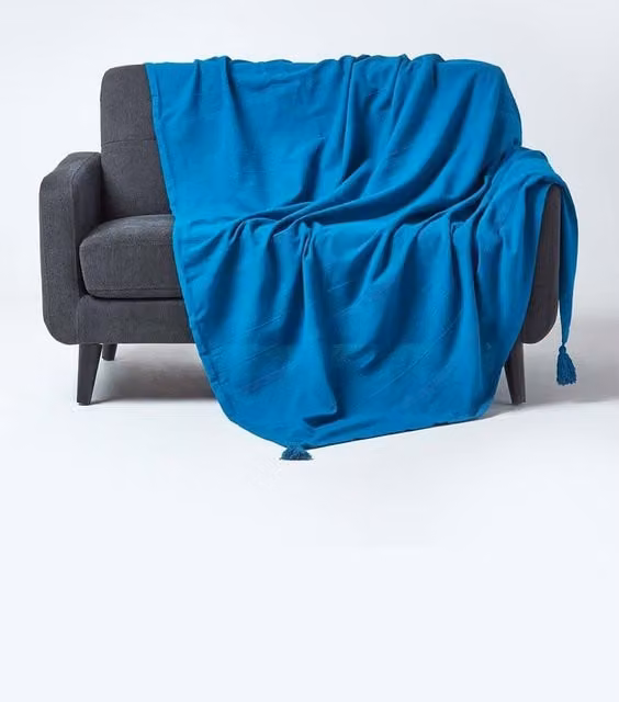 Homescapes Cotton Woven Ethnic Striped Throw in Petrol Blue, W: 360 cm, D: 255 cm
