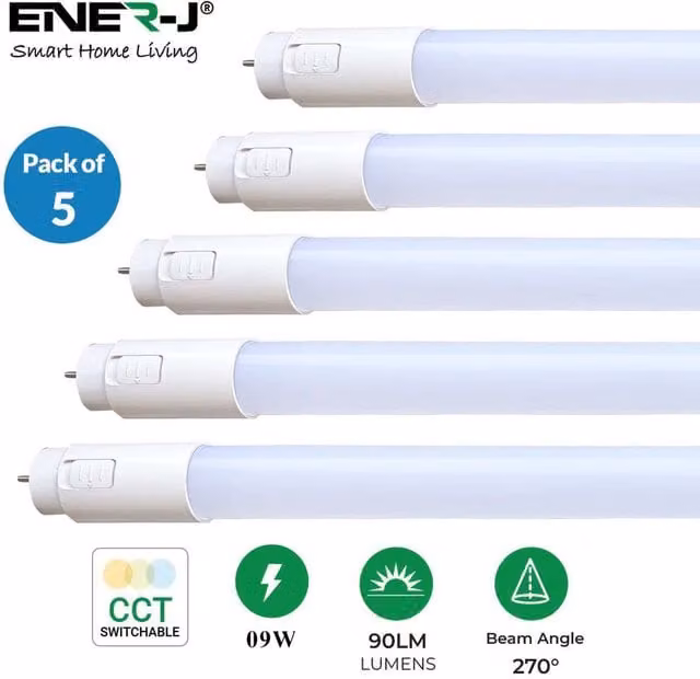 ENER J T8 LED Nano Plastic Tube, 9W, CCT Switchable, White, Pack of 5, Length: 60 cm