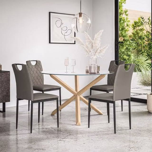 More4Homes Malvern Round Glass Dining Table Set with Oak Legs and 4 Grey Monza Faux Leather Chairs, Diameter: 120 cm, Height: 75 cm
