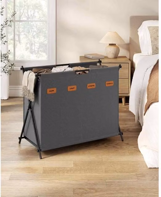 The Bazaarist 4 Compartment Foldable X Frame Laundry Basket in Dark Grey