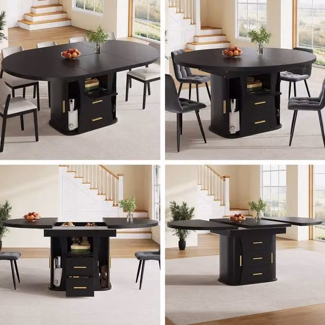 Merax Extendable Round Dining Table in Black with 2 Drawers and Sliding Doors