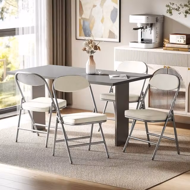 HOMCOM Set of 4 Folding Chairs with Cushioned Fabric Seats and Metal Frame in Beige and White