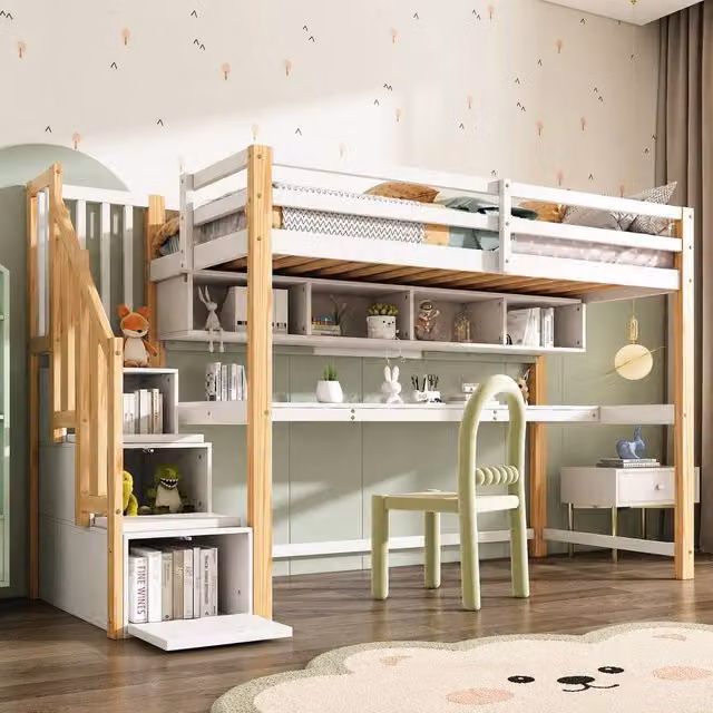 Merax Single Pine High Sleeper Bed with Desk, Storage Stairs and Side Compartments, White, W/D/H: 190 x 90 x 165 cm