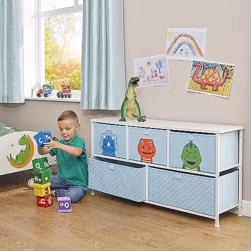 Liberty House Toys Kids Dinosaur 5 Drawer Storage Chest in Blue and White