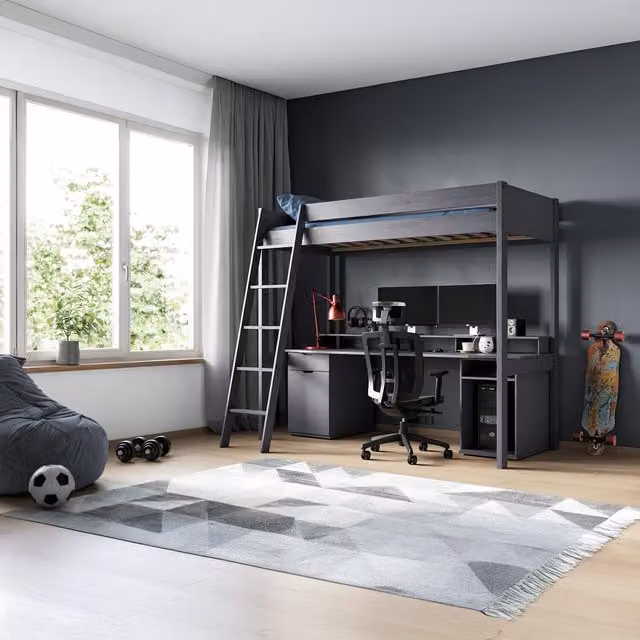 Noomi Tera Solid Wood Gaming High Sleeper Bed in Grey, W/D/H: 90 x 200 x 148 cm