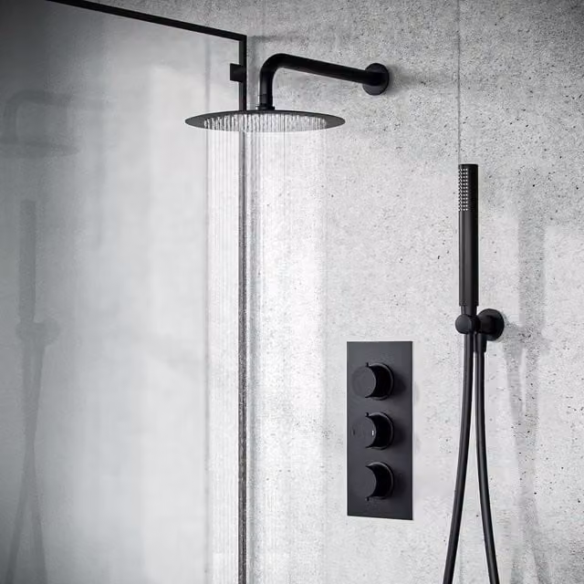 Nes Home Round Matte Black Thermostatic Concealed Shower Set with Overhead and Hand Held Shower